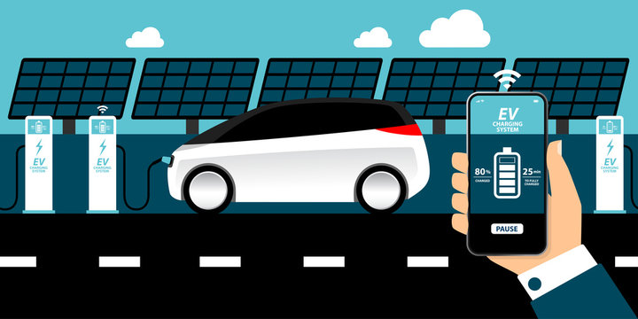 flat design illustration vector, pure white electric car and solar-powered charging station, hand holding smartphone with EV charging system app that shows charging process, smart technology concept.