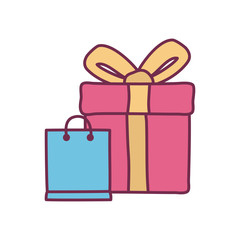 Gift and bag with bowtie line and fill style icon vector design