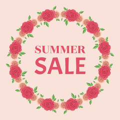 Summer sale design. Beautiful colorful illustration with floral decorative frame.