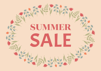 Summer sale design. Beautiful colorful illustration with floral decorative frame.