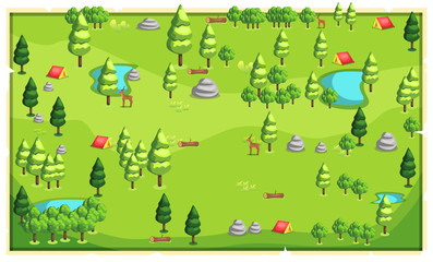 Obraz na płótnie Canvas Map Light Green Mountain Nature Landscape with big trees, camping tents, wood, deer and water lake for Vector Illustration Design Ideas