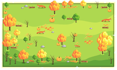 Map Bright Orange Nature landscape with big trees, woods, rocks, fox, and pumpkin for Vector Illustration Design Ideas