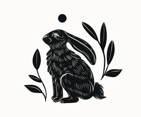 Easter rabbit isolated vector illustration in linocut style. Vintage stamp design of a bunny for print. Use for your creative graphic design projects, lithographs, postcards, invitations, tattoos.