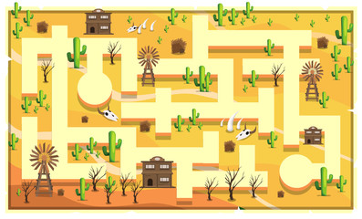 Map Desert saloon with path and cactus, vintage building, animal bones and windmill for 2D Game Platformer Vector Illustration