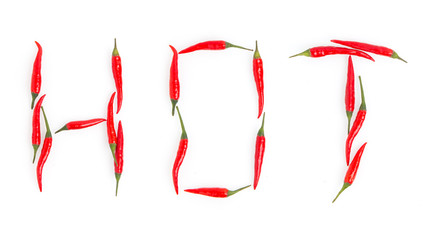 word hot of red chili pepper on white background