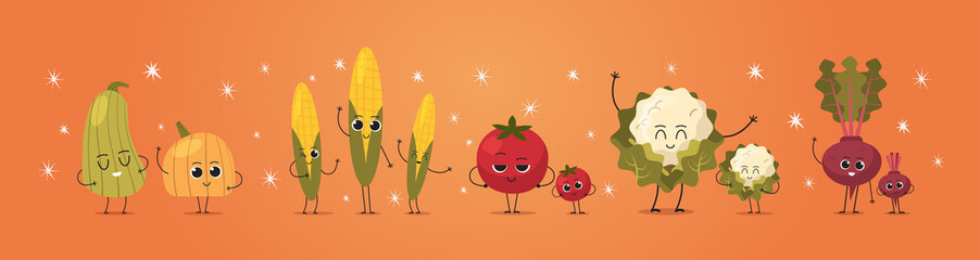 cute mascot pumpkin corn tomato radish cauliflower vegetables characters funny cartoon personages standing together healthy food concept horizontal vector illustration