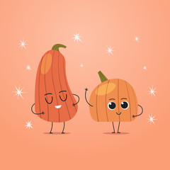 cute orange pumpkin charcters couple funny cartoon mascot vegetable personages healthy food concept vector illustration