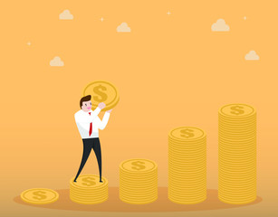 Obraz premium Businessman with coins. investment target, goal direction. man carry money on the back. business vision concept