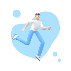 Fototapeta na wymiar Positive character in colored clothes on an abstract stain background. A young cheerful guy runs, dances, jumps, levitates and flies. Funny cartoon people. 3D rendering.