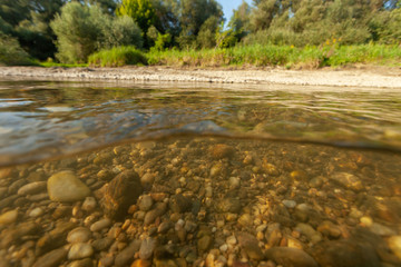 Underwater view of the gravel riverbed on the Drava River in Croatia