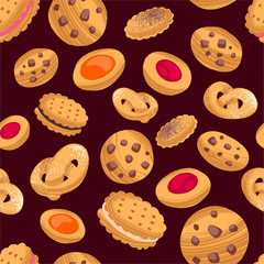Different cookies seamless hand drawn pattern. Homemade pastry.
