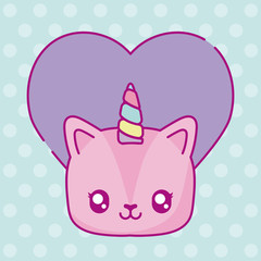 kawaii unicorn with purple heart icon, colorful design