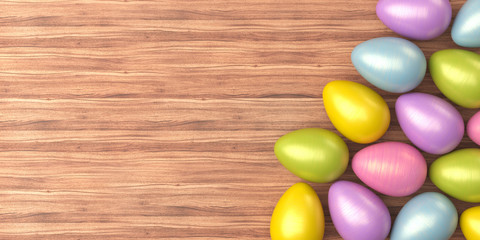 Easter eggs on a wooden board background. 3d render illustration.