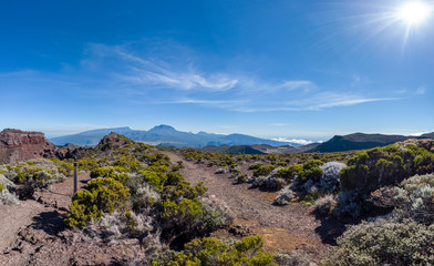 Beatiful panoramic view over Reunion island green tropical landscape
