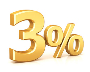 3d render illustration. Golden three percent on a white background.
