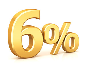 3d render illustration. Golden six percent on a white background.