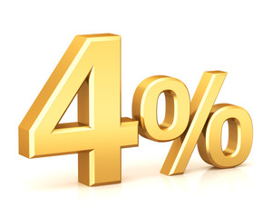 3d render illustration. Golden four percent on a white background.
