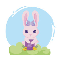 happy easter design with cartoon rabbit with holy bible and chickens around