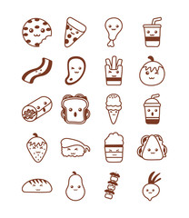 set of icons kawaii food , line style icon