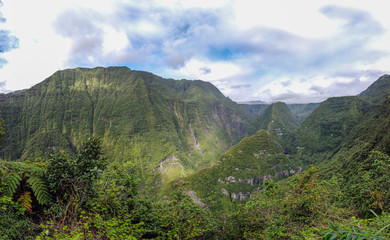 Beatiful panoramic view over Reunion island green tropical landscape