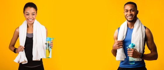 Sporty African American guy and girl with water bottles on orange background, panorama with blank...