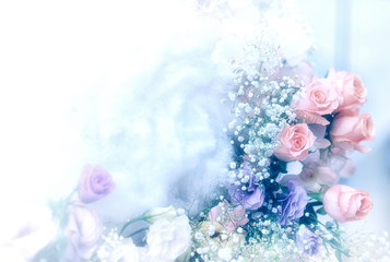 Closeup image of beautiful flowers wall background with amazing red and white roses Retro filter.