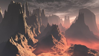 Planet Mars, an alien at sunset, the surface of Mars, canyons on Mars, 3D rendering © ustas