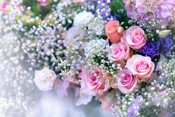 Closeup image of beautiful flowers wall background with amazing red and white roses Retro filter.