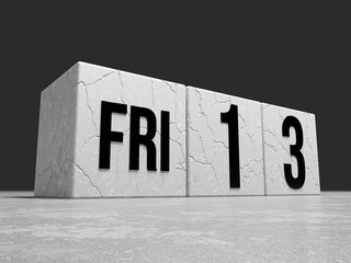 Friday 13 text on cracked concrete calendar cubes 3D render