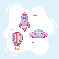 kawaii rocket, hot air balloon and flying saucer, colorful design