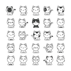 set of cute cats on white background, line style icon