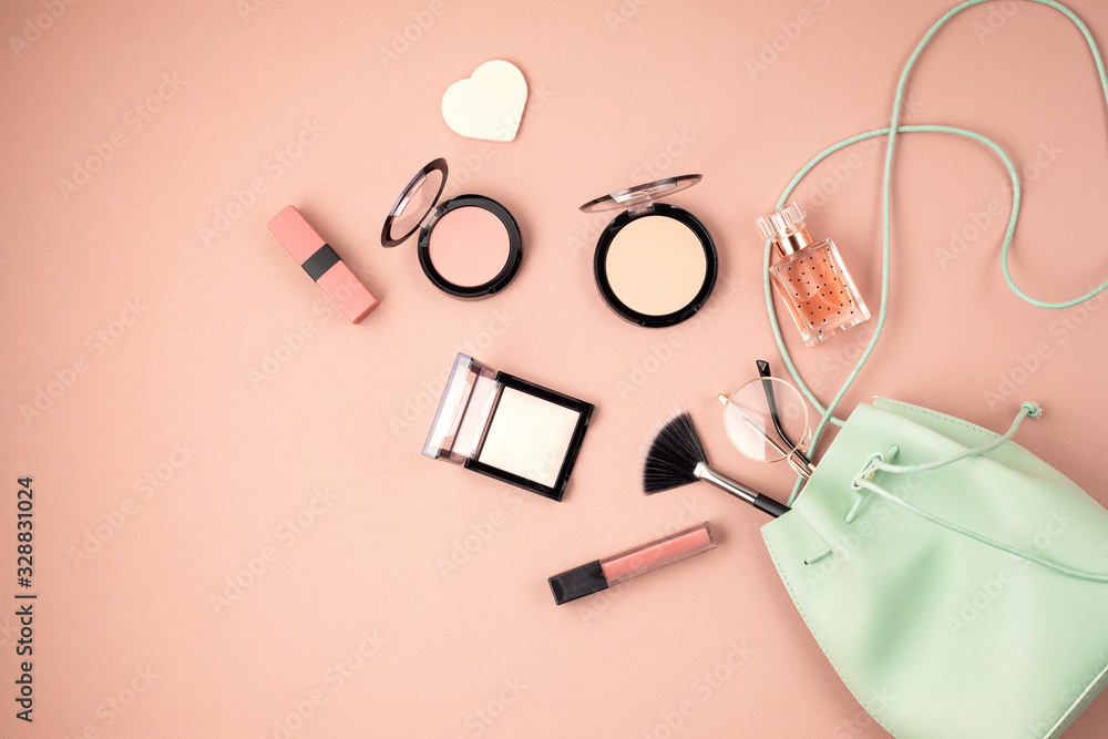 Poster flat lay with set of professional decorative cosmetics, makeup tools and woman spring, summer access