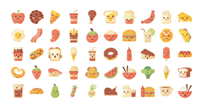 set of icons kawaii food on white background