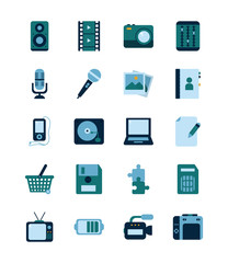 Multimedia and technology flat style icon set vector design