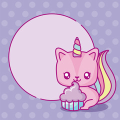 Obraz na płótnie Canvas kawaii unicorn with cupcake over purple background