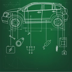 Diagram of the vehicle with parts and spare parts on a green background.