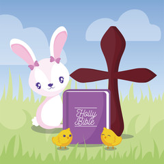 happy easter design of cartoon rabbit, cute chickens and holy bible, colorful design