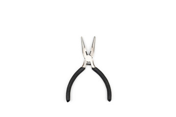 small steel clamp tool with black plastic handle grib isolated white background with clipping path