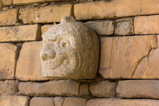 A Nail head (Cabeza Clava) or zoomorphic face carved in stone  from the pre-incan culture Chavin in Ancash Region, Peru