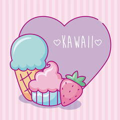 heart with kawaii ice creams and strawberry icons