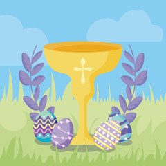 happy easter design of communion wine glass, decorative wreath and easter eggs, colorful design