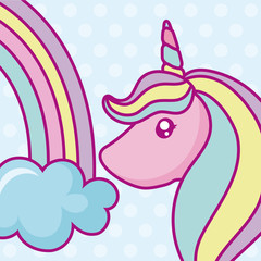 kawaii unicorn head and rainbow with clouds