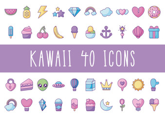 cactus and kawaii icon set, flat style