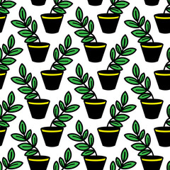 Vector seamless pattern with leaves in pots