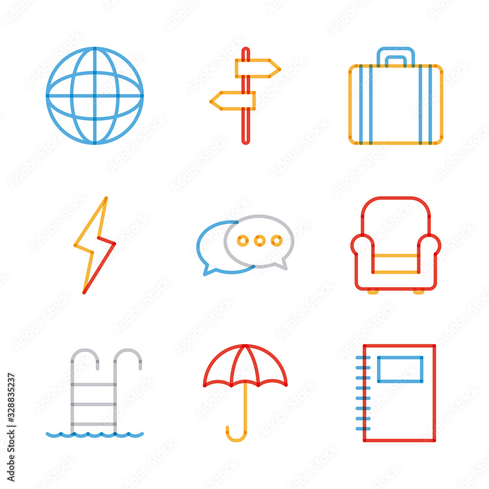 Poster objects multiply line style icon set vector design