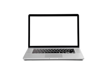 Laptop gray metalic sliver colour notebook in front side view open cover on the white background. laptop hardware and white screen Clipping Path.