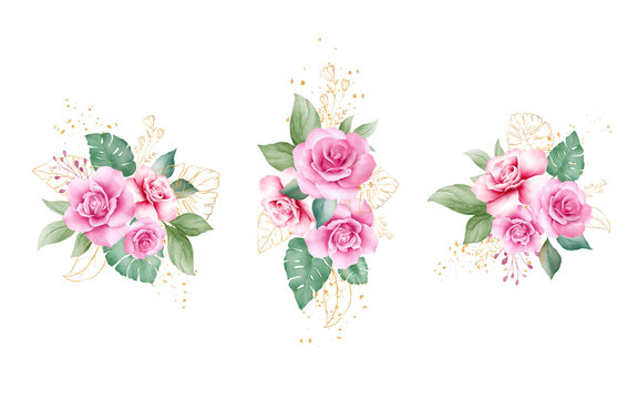 Set of watercolor floral decoration vector of pink and purple rose flowers and gold leaves. Romantic botanic illustration for wedding, greeting, and valentine card design vector © KeepMakingArt