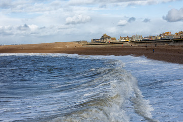 Storm waves hitting Chesil Beach in Dorset, England.