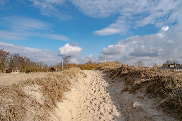A sand path from a beach with a blue sky and dry, wild grass on either side.