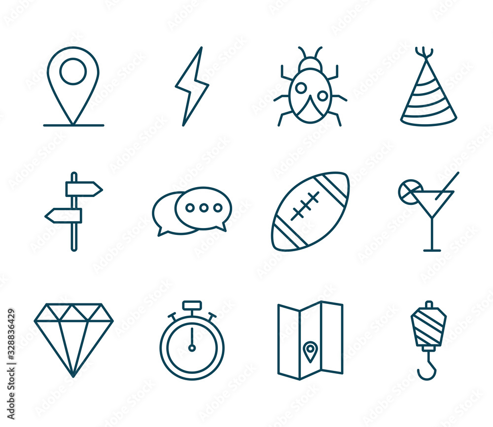 Aufkleber objects line style icon set vector design